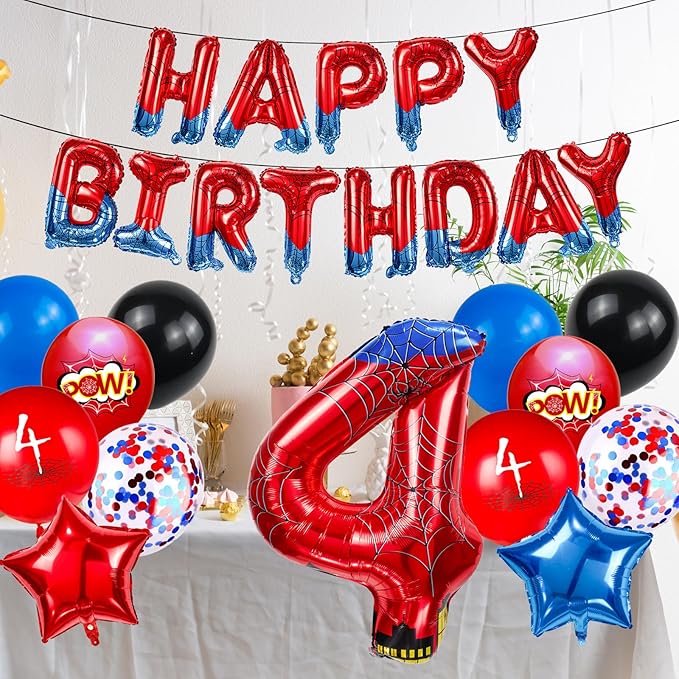 Cartoon Hero 40 Inch Red and Blue Spider Theme Number Foil Birthday Decoration Balloon, Spider Theme Happy Birthday Banner Party Decoration Balloon, Letter Logo Superhero Party Supplies (4)
