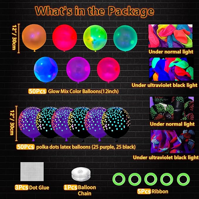 109 Pack UV Neon Balloons Black Light Balloons Glow in The Dark Balloon Blacklight Reactive Fluorescent Polka Dot Latex Balloon Assorted Colors Light Up Neon Party Supplies Glow Party Decorations