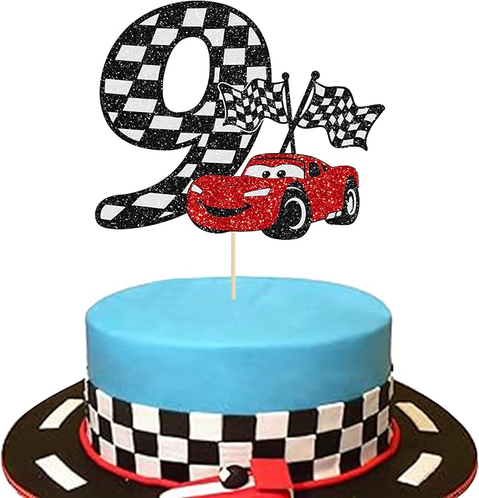 Gyufise 1Pc Race Car 9th Cake Topper Glitter 9th Racing Car Birthday Cake Topper Decoration for Racing Car Checkered Flag Themed Girl Boy 9 Years Birthday Party Supplies