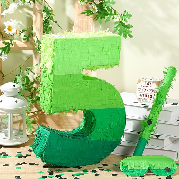 Number Piñata Decorations 16 Inch Gradient Green Piñata with Blindfold Stick and Confetti for Birthday Baby Shower Safari Jungle Themed Party Supplies Centerpiece(Number 5)