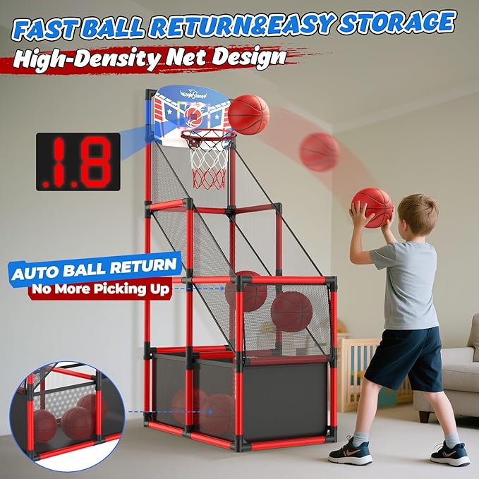 EagleStone Kids Adjustable Arcade Basketball Hoop with LED Lights & Scoreboard, 4 Balls Ball Storage Net, Indoor Outdoor Carnival Basketball Game Set for Boys & Girls Ages 3-12, Pump Included