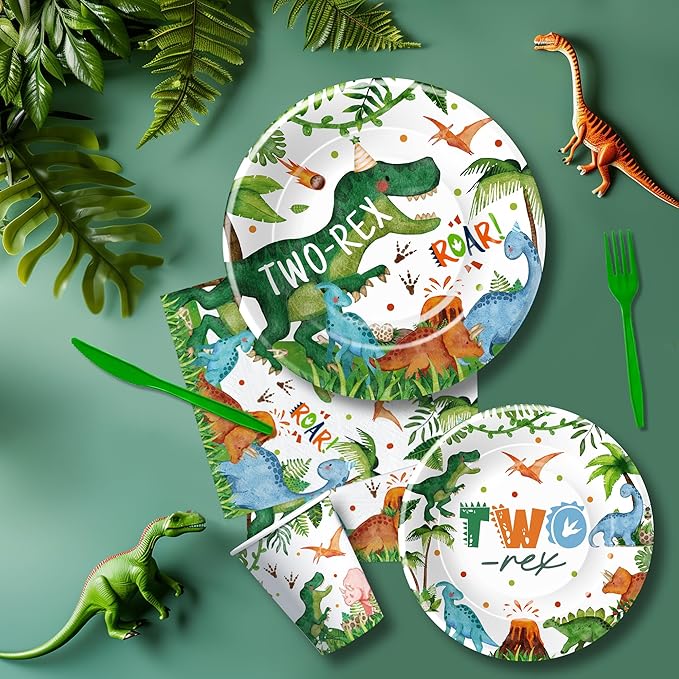 Dinosaur Two Rex Birthday Decorations Boy, Dino Theme Dinosaur Birthday Party Supplies Tableware, Paper Plate, Cup, Napkin, Fork, 24 Guests