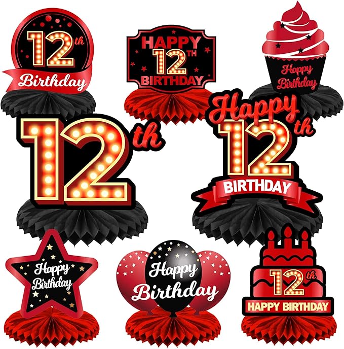Happy 12th Birthday Red and Black Table Honeycomb Centerpieces Balloons Theme Decor Table Decorations Table Toppers for Girls Women Princess 12 Years Old Birthday Party Bday Supplies Background Gold