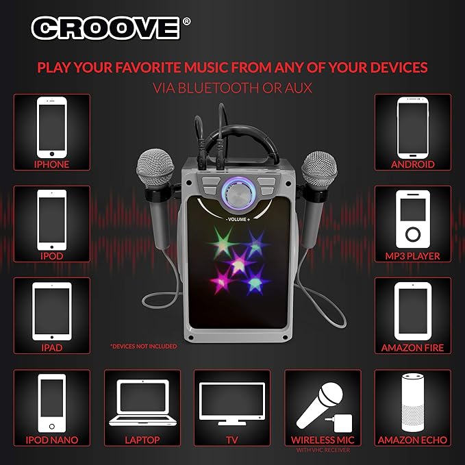 Croove Rechargeable Karaoke Machine For Kids - Incl. 2 Microphones with Flashing Disco Lights, Bluetooth, AUX & USB Ports Singing Machine for Children, Best Birthday Gifts for Boys & Girls Of All Ages