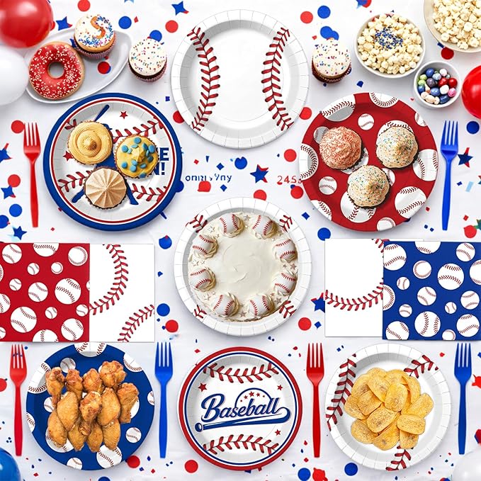 96 Pcs Baseball Plates and Napkins Tableware Set (Serve 24), Baseball Birthday Party Decorations, Party Supplies Include Plates Napkins Plastic Forks for Party