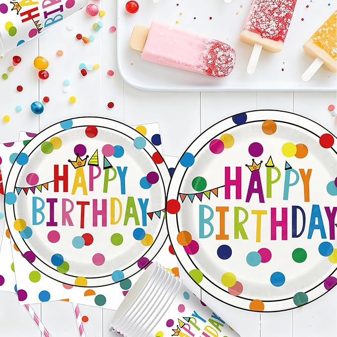Birthday Plates & Napkins Party supplies - 175Pcs Happy Birthday Paper Plates and Napkins Sets, Disposable Happy Birthday Dots Tableware Set for Boys Girls Party Decorations, Serves 25
