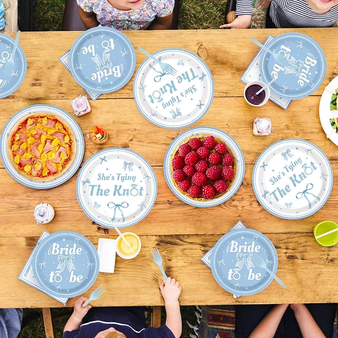 Grencian 96 Pcs Blue Bow Bridal Shower Decorations Blue Bow Bride to Be Party Plates She Tying The Knot Paper Tableware for Bride Groom Bachelorette Party Wedding Engagement Decorations Serves 24