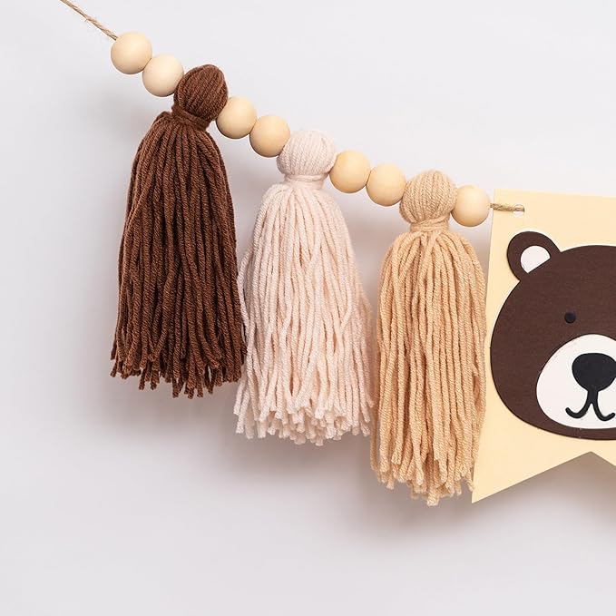 Gostman Bear One High Chair Banner - Beary First Birthday Party Decorations Banner,Happy Camper Party Highchair Banner for 1st Birthday,Camping Themed Party Decor (Bear Tassel Banner)