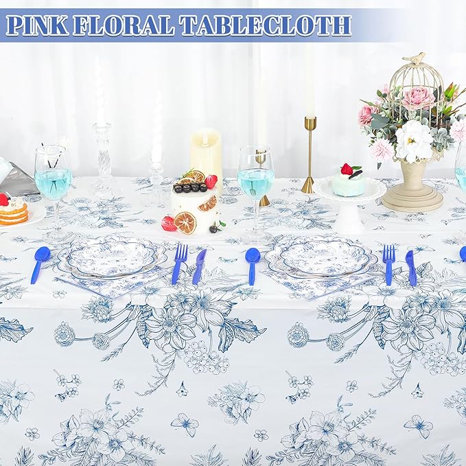 6 Pack Blue Floral Tablecloth, 54 X 108Inch Plastic Tea Party Tablecloths Disposable Vintsage Table Cloths Blue and White Porcelain Tables Decor for Mother's Day Birthday Garden Wedding Tea Party