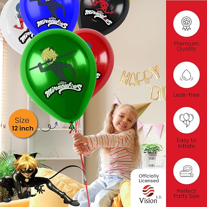 Miraculous Ladybug Cat Noir 12" Birthday Party Balloons 25 Pcs | Premium Latex for Miraculous Ladybug Party Supplies and Decorations by Vision E.D.