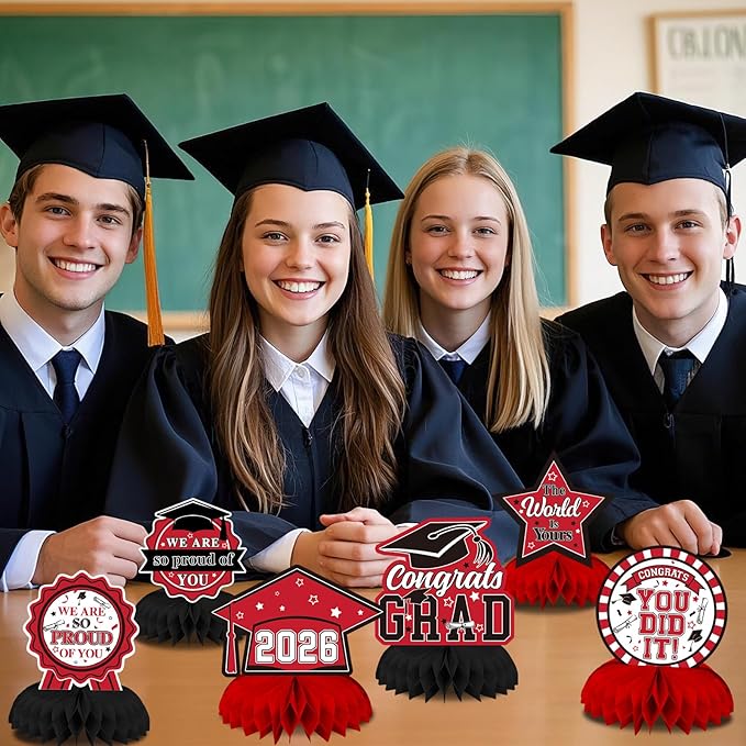 10 PCS Graduation Party Decorations Class of 2026,Congrats Grad Honeycomb Centerpiece Red and Black Congratulate Graduation Table Toppers for Graduation Party Favor Supplies