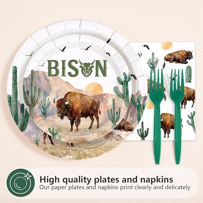 96Pcs Bison Happy Birthday Party Decorations Western Bison Birthday Plates and Napkins Sets Western Wild Highland Animals Cactus Decorations for Boys Girls Wild West Party Supplies Serves 24