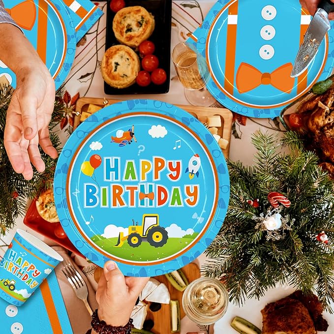 168pcs Blue Birthday Party Supplies Orange Plates Napkins Paper Cups Blue Forks Boys Cartoon Birthday Party Decorations Disposable Tableware Set Serve 24