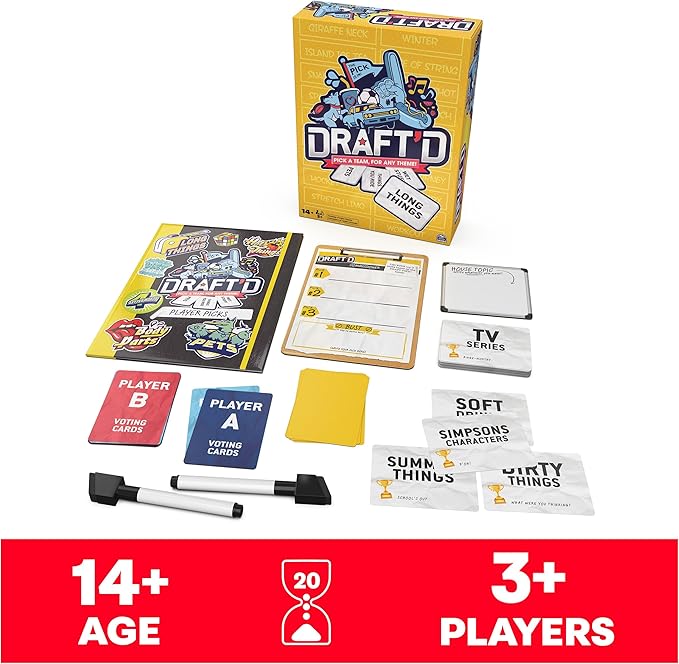 Spin Master Games, Draft’d, Competitive Drafting Party Game with Hilarious Prompts for College Nights, Football Watch Parties, Happy Hour Activity, Easter Gift, 3-5 Players, for Ages 14 & Up