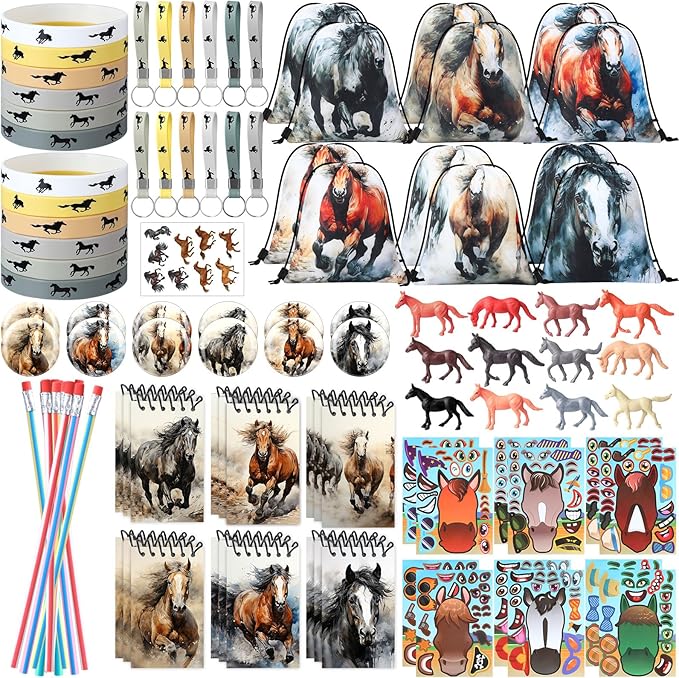 114 Pcs Horse Themed Party Favor Supplies with Drawstring Bag Mini Figurines Keychain Silicone Bracelets Badges Puzzle Stickers Notepads Soft Pencils for Horses Birthday Party Decoration