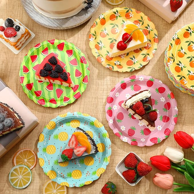 60 Pcs Fruit Paper Plates Tutti Frutti Birthday Party Supplies 7 Inch Disposable Fruit Dessert Plates Summer Dinner Plates Strawberry Pineapple Plates for Wedding Baby Shower Birthday Party