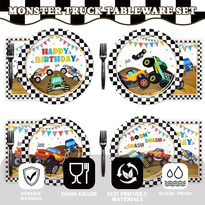 96 Pcs Truck Plates and Napkins Tableware Set (Serves 24), Party Supplies Include Plates Napkins and Forks for Truck Birthday Decorations