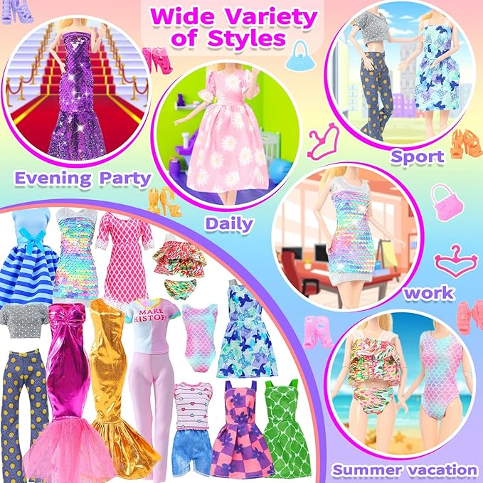 40Pcs Doll Clothes and Accessories Including 2 Fashion Evening & 2 Casual Dresses, 1 Sequins & 3 Slip Dresses, 2 Swimwear, 10 Pairs of Shoes, 5 Hangers, 12 Accessories for 11.5 inch Girl Doll