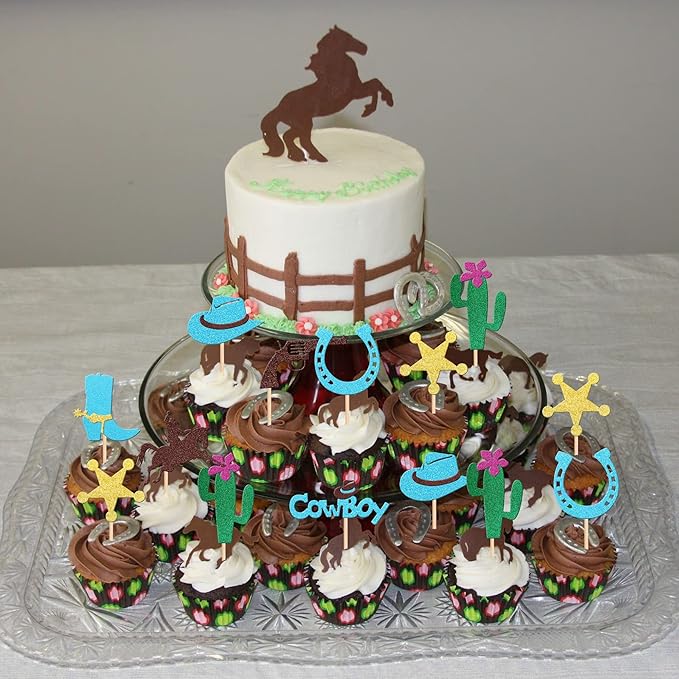 32 PCS Cowboy Cupcake Toppers Glitter HorseShoe Cowboy Hats Boots Cactus Gun Cupcake Picks Western Theme Baby Shower Boys Birthday Party Cake Decorations Supplies