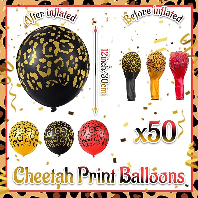 Gejoy 50 Pcs Cheetah Balloons Gold Black Red Leopard Print Balloons 12 Inch Spots Latex Leopard Jungle Animal Decorations for Cheetah Zoo Theme Birthday Party Supplies