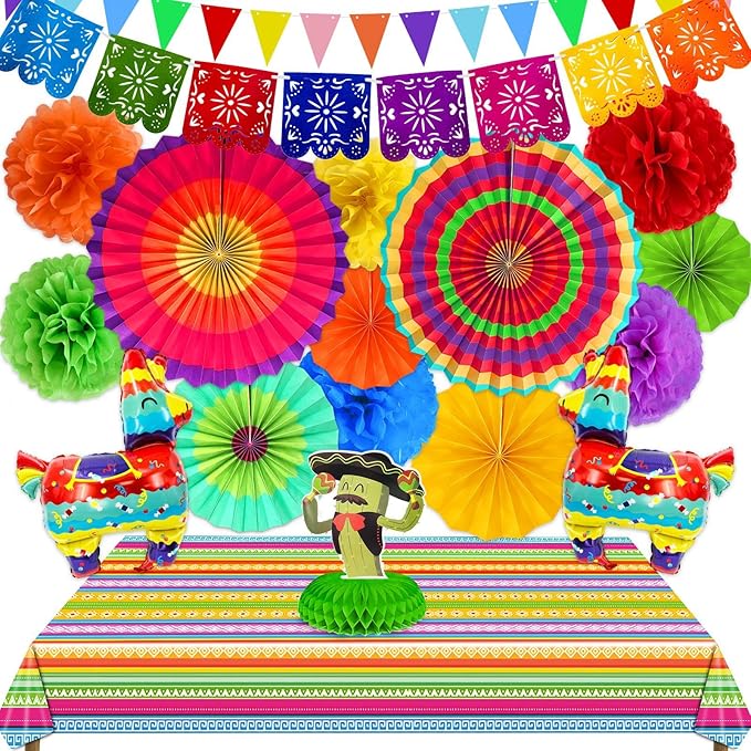 [ 7 Varieties ] 33Pcs Cinco De Mayo Fiesta Party Decorations, Mexican Themed Party Supplies, Paper Fans Pom Poms Table Cover Llama Balloons Pennant Papel Picado Banner Honeycomb Table Decor