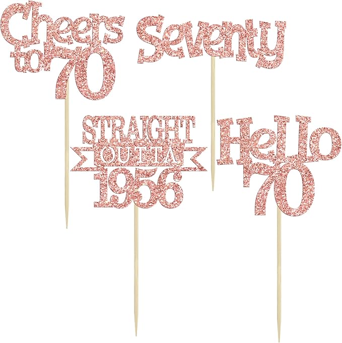 Ephlyn 24Pcs Happy 70th Birthday Cupcake Toppers Glitter Straight Outta 1956 Cupcake Picks Hello 70 Cheers to 70 Years Birthday Cake Decorations for 70th Birthday Anniversary Party Supplies Rose Gold