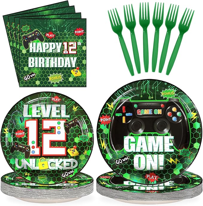 Grencian 96Pcs 12th Green Game Party Supplies Video Birthday Paper Plates and Napkins Tableware Sets Level Unlocked Game Themed Decorations for Kids Gaming Boys 12 Year Old Party Favors Serves 24