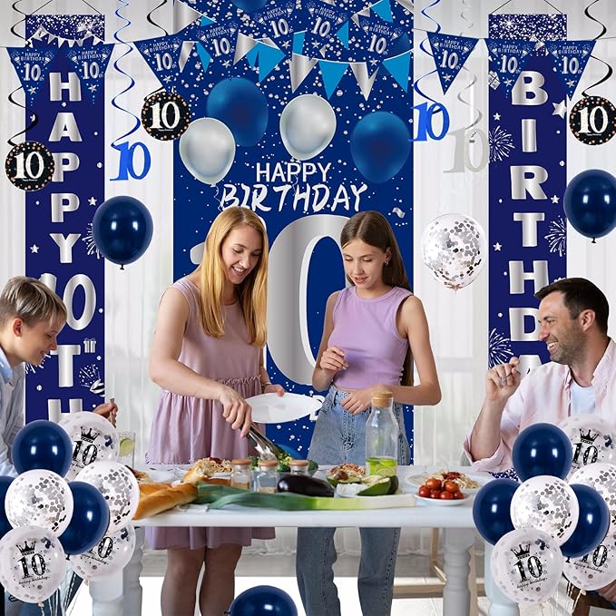 10th Birthday Decorations for Boys Girls, Navy Blue Happy 10th Birthday Door Banner Sign, 10 Years Old Party Supplies Teenagers Bday Backdrop Balloons Hanging Decors