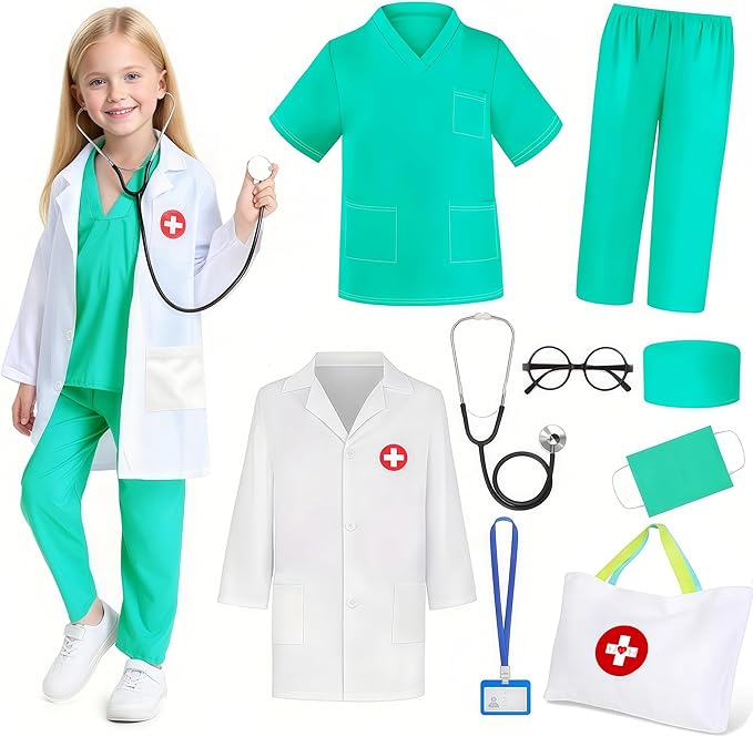 Doctor Costume for Kids 9PC Boys Girls Doctor Role Play Outfit with Bag Kids Scrubs Dress Up for Pretend Play