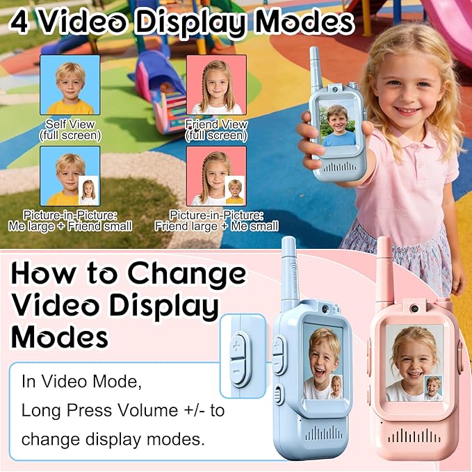 Video Walkie Talkies for Kids, 2 Pack Rechargeable Walkie Talkies with Screen,Long Range 2 Way Radio with 4 Voice Effects, Outdoor Adventure Camping Hiking, Birthday with Pink Blue Design