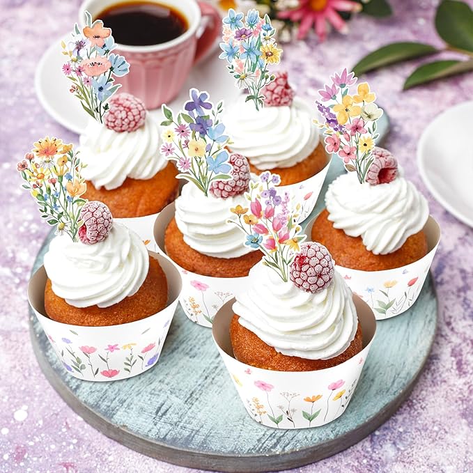 48 Pack Summer Wildflower Cupcake Toppers and Wrappers, Flower Birthday Cake Decoration for Wildflower Theme Birthday Party Baby Shower Party Supplies