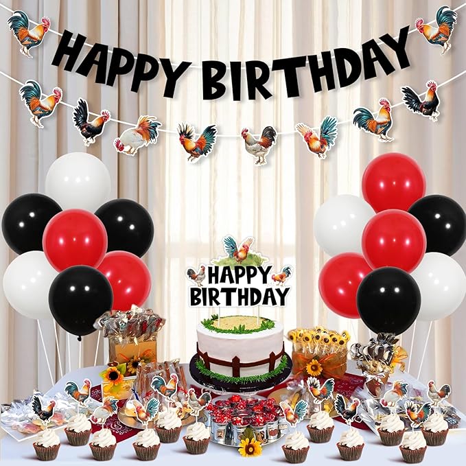 JOYMEMO Rooster Birthday Party Decorations, Rooster Happy Birthday Banner Garland with Cake Topper Cupcake Toppers and Balloons, Chicken Farm Backyard Party Supplies