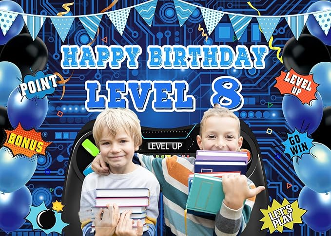 Game Theme Level 8 Birthday Backdrop Video Game Happy 8th Birthday Party Decorations Level Up Theme Boys Kids Birthday Party Supplies(7×5FT)