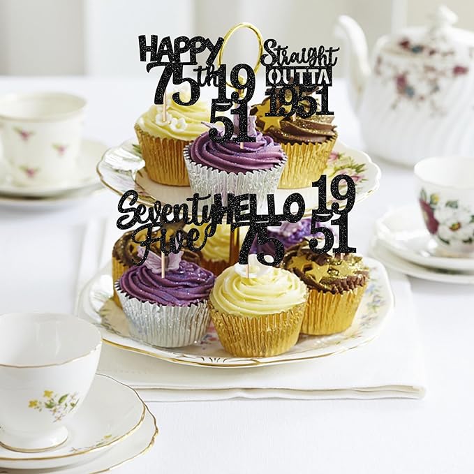 30PCS Black 75th Birthday Cupcake Toppers Glitter Seventy Five Happy 75th Straight Outta 1951 Cupcake Picks for Cheers to 75 Years Birthday Anniversary Party Cake Decorations Supplies