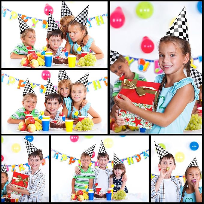 Teling 30 Pieces Birthday Party Hats Car/Cow Themed Paper Cone Hat Birthday Party Supplies Decorations for Kids (Race Car)