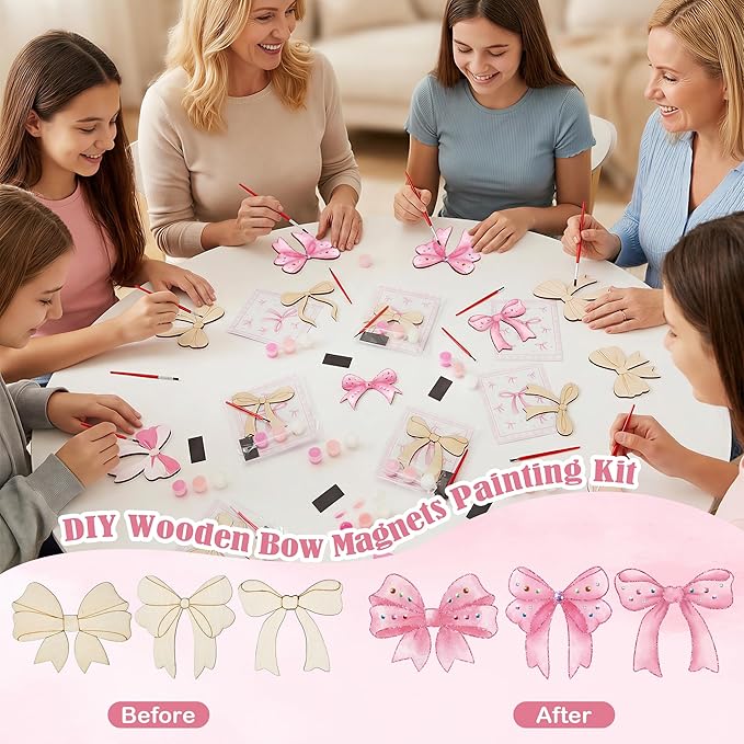 24 Sets Pink Bow Party Favors, DIY Wooden Bows Painting Crafts Kit with Magnets, Coquette Bow Birthday Decorations, Pink Bows Birthday Party Supplies Gifts Goodie Bags Stuffers Prizes