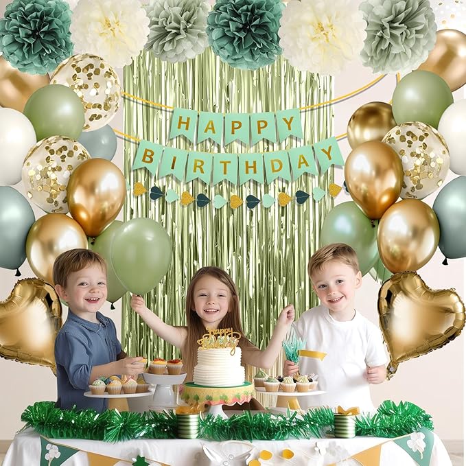 Green Birthday Decorations for Women, Happy Birthday Party Decorations, Happy Birthday Banner, Green Balloons, Foil Fringe Curtains, Tissue Paper Pompoms, Heart Garland, Party Decor for Girls