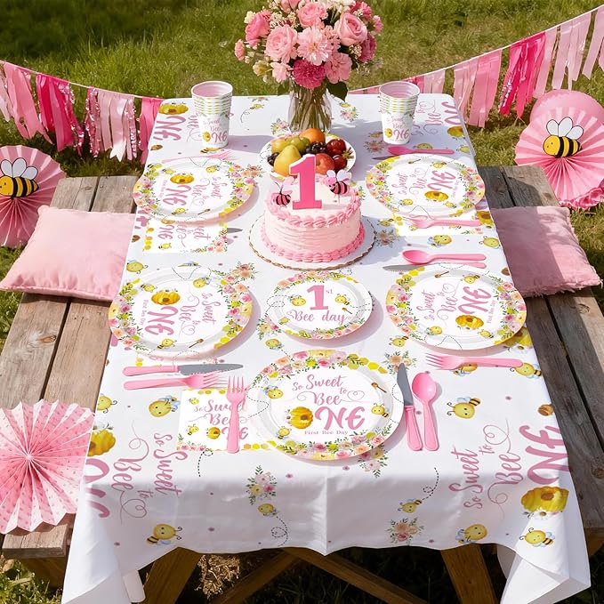 170Pcs Pink Bee 1st Birthday Party Supplies Honey First Theme Plates and Napkins Tableware Sets So Sweet to Bee One Birthday Party Decorations for Girls One Year Old Party,Serves 24