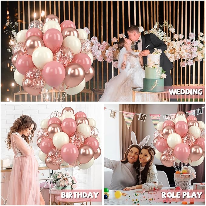 Paready Dusty Pink Balloons, 50 Pcs Retro Blush Pink White Balloons, 12 Inch Metallic Confetti Rose Gold Balloons Helium with Ribbon for Girls Wedding Bridal Baby Shower Birthday Party Decorations