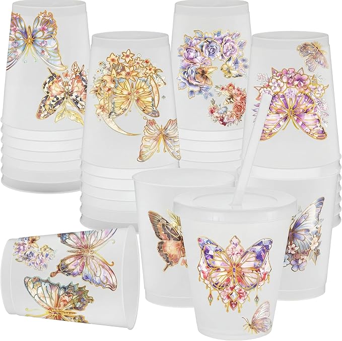 24 Pcs Butterfly Pattern Cups Glow in the Dark Cups 12 oz Plastic Frosted Cup with Lid and Straw Reusable Bulk Green Tumbler for Summer Birthday Party Decoration Baby Shower Party Supplies
