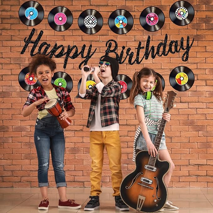 3 Pcs Rock and Roll Birthday Party Decorations - Vinyl Records Birthday Banners, Retro Glitter Vinyl Record Banner Garland for 50s 60s 70s Rock and Roll Music Theme Party Decorations Supplies