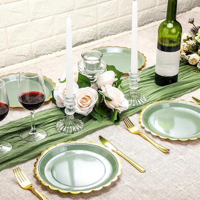 Maxcheck 50 Pcs Sage Green Scalloped Paper Plates with Gold Foil 9 Inches Disposable Party Plates Decorative for Cake Dessert Birthday Baby Shower Wedding Party Supplies