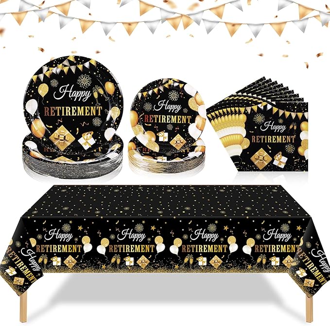 Zhehao 101 Pcs Retirement Party Tableware Set Black and Gold Happy Retirement Party Supplies Includes 50 Paper Plates, 50 Napkins and 1 Tablecloth for Men Women Say Goodbye