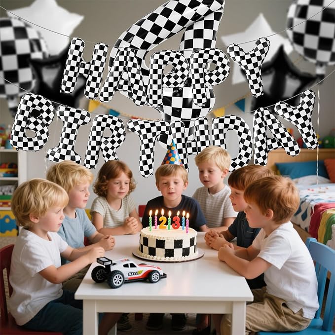 Racing Cars Themed Happy Birthday Banner Party Decorations Set Including 40 Inch Number 4 Foil Balloons, Themed Party Essentials, Checkered Backdrop Supplies for Boys Indoor Outdoor Celebration