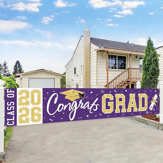 Graduation Banner Class of 2026 - Large Congrats Grad Yard Sign 2026 Purple Gold Congrats Grad Banner Fence Yard Sign for Graduation Decorations Party Supplies