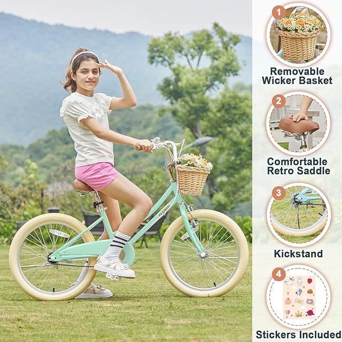 Petimini Vintage Kids Bike for Girls, 12–20 Inch Classic Bicycle with Wicker Basket & Bell, High Tensile Steel Frame, Training Wheels (12–18”), 85% Pre-Assembled, Retro Bike for Outdoor Riding
