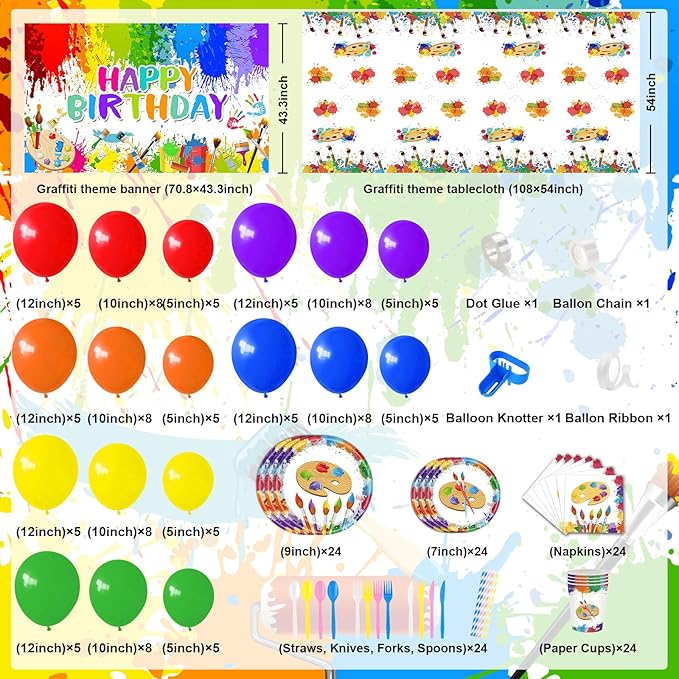 Paint Party Decorations 300 Pcs Paint Splatter Plates Napkins Cups Banner Balloons Tablecloth Colorful Graffiti Art Birthday Party Decorations Sip Party Supplies Serve 24