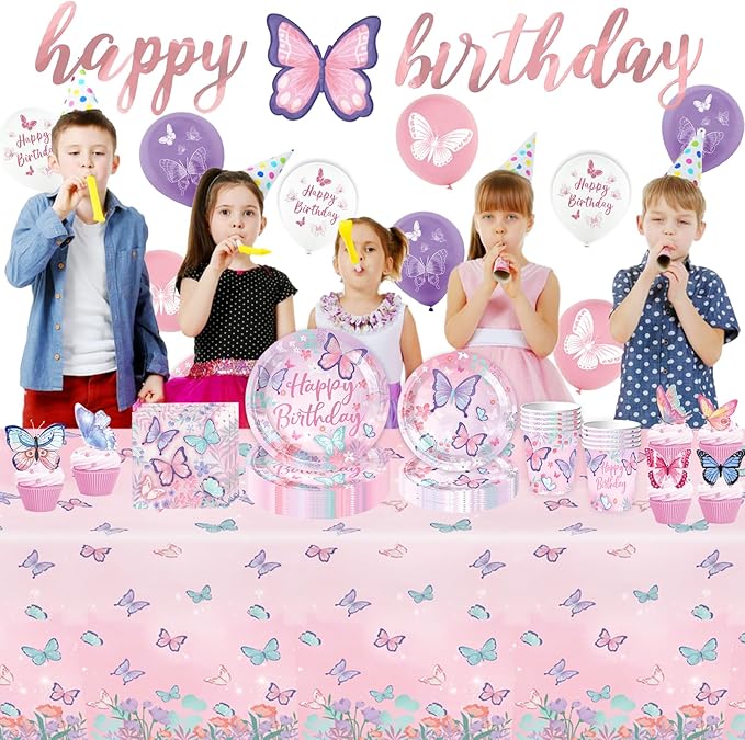 Butterfly Birthday Party Supplies Decorations Tableware Set Serves 25 Butterfly Disposable Paper Plates Napkins, Cups, Cake Toppers Tablecloth, Banner, and Balloons for Butterfly Decorations