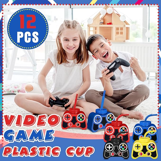 Mifoci 12 Pcs Plastic Video Game Party Cups with Straw and Lid 10oz Gamer Birthday Themed Drink Cups 7th Video Game Party Favors for Kids Toddlers Gamer Birthday Supplies (Yellow,Red,Blue,Black)