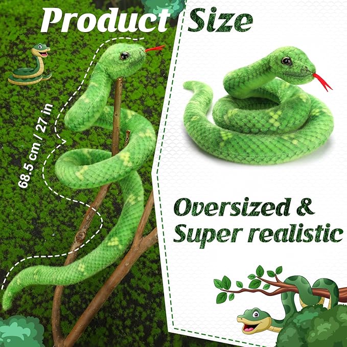 27in Snake Plush, Stuffed Snake Animal, Small Toy Snakes for Kids, Giant Stuffed Animals, Lifelike Plush Snake for Birthday Present Party Prank Prop (Green)